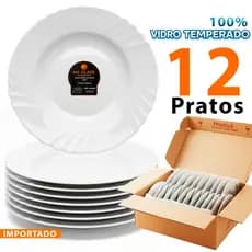 Kit Jogo 12 Pratos branco Fundos de Vidro temperado Opaline 23cm Resistente Importado Almoço Jantar