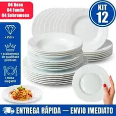 Kit jogo de 12 Pratos vidro branco opaline temperado sendo: 4 fundo + 4 Raso + 4 Sobremesa