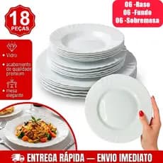 Kit jogo de 18 Pratos vidro branco opaline temperado sendo: 6 fundo + 6 Raso + Sobremesa