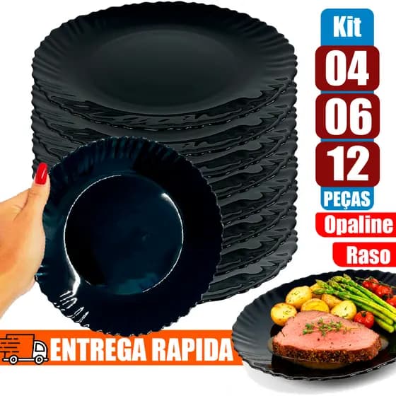 Kit Jogo 04/06/12 Pratos De Vidro Opaline Raso Liso Preto Canelado 24 cm Resistente