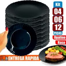 Kit Jogo 04/06/12 Pratos De Vidro Opaline Raso Liso Preto Canelado 24 cm Resistente
