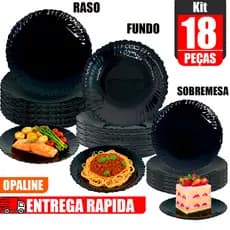 Kit Jogo 18 Pratos Opaline Preto Canelado Vidro 6 Raso 6 Fundo 6 Sobremesa Luxo Preto