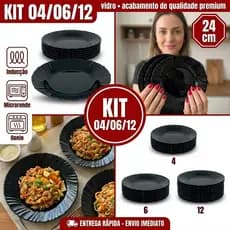 Kit Jogo de 04/06/12 Pratos De Vidro Opaline Fundo Liso Preto Canelado 24 cm Resistente muito duravel.