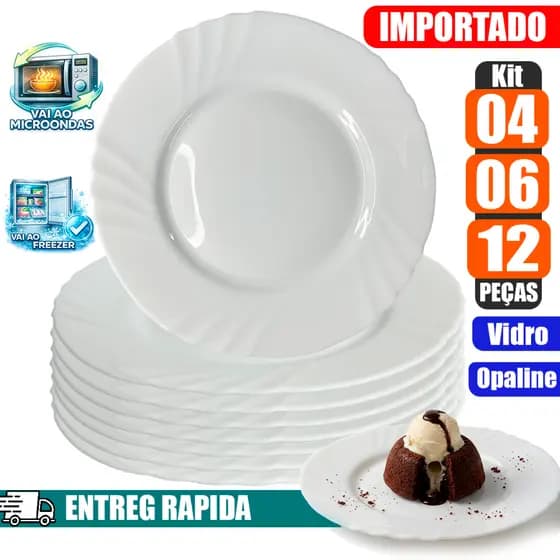 Kit Jogo Pratos Sobremesa Opaline Branco 19cm Vidro Resistente 4/6/12 Peças