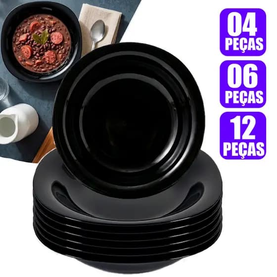 Kit Jogo 04/06/12 Pratos Quadrado Fundo sopa Preto Opalin Liso Vidro Temperado 22,5cm Elegante Cozinha