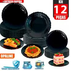 Kit Jogo 12 Pratos De Vidro Opaline Sendo 04 Fundo 04 Raso e 04 Sobremesa Liso Preto Canelado