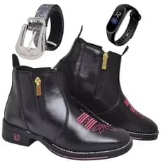 Kit 3 em 1 Bota Country Feminina Bordada Com Solado Detalhe Rosa Lateral Com Zíper + Cinto Country + Relógio
