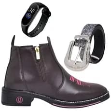Kit Bota Bordada Feminina Bordada Country + Cinto Fivela Cowboy + Relógio Digital