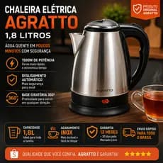 Chaleira Elétrica Automática Agratto 1,8 Litros Jarra Térmica Pratic Inox  Rápido Aquecimento 127V