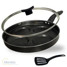 Frigideira 26 cm 4 Ovos Hamburguer Antiaderente Teflon Tampa de Vidro e Espátula Cor Grafite Preto