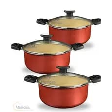 Jogo Conjunto Panelas Caçarolas 3 peças 5 camada Antiaderente Teflon Tampa de Vidro Cor Cereja Bege
