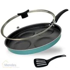 Frigideira 26 cm 4 Ovos Hamburguer Antiaderente Teflon Tampa de Vidro e Espátula Cor Turquesa Verde