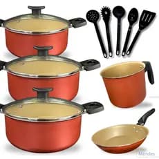 Conjunto Panelas Caçarolas 10 peças com Caneco Antiaderente Tampa de Vidro e Utensilios Cor Cereja