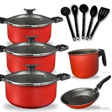 Conjunto Panelas Caçarolas 10 peças com Caneco Antiaderente Tampa de Vidro e Utensilios Cor Vermelho