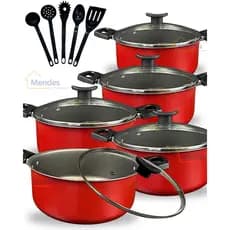 Jogo Conjunto Panelas Caçarolas Antiaderente 10 peças Tampa de Vidro e Utensilios Nylon Cor Vermelho