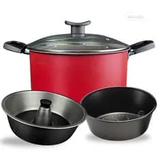 Panela Caldeirão Multiuso 3 em 1 Pudim Banho Maria e Cozimento Legumes Antiaderente Teflon Vermelho