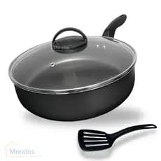 Frigideira Alta Funda Grande 24 cm Antiaderente Teflon com Tampa de Vidro e Espátula Nylon