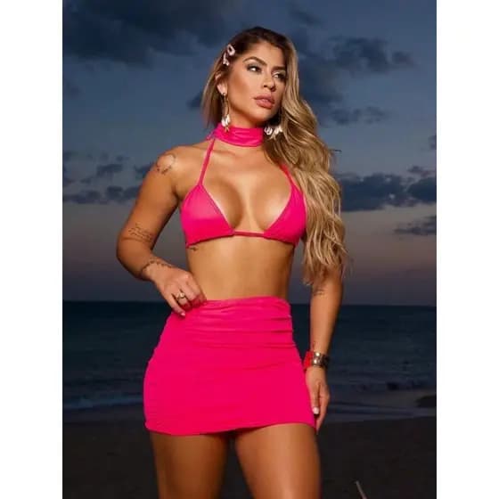 Conjunto Moda Praia com Top e Saia Curta Biquini Feminino Verão Viagem
