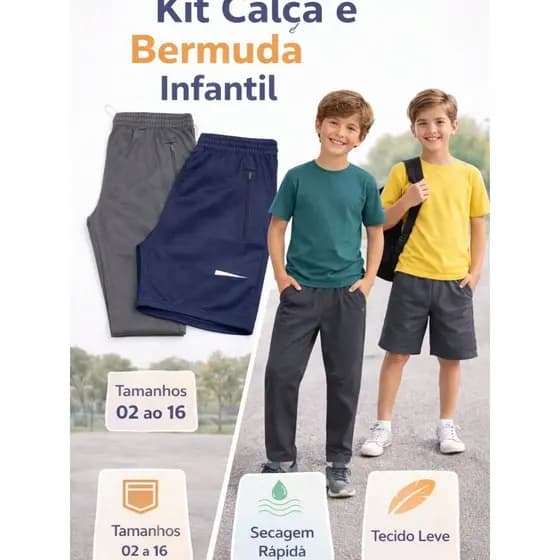 Kit Infantil Calça e Shorts Unissex 02 ao 16 Anos Conjunto Infantil Confortável Tecido Leve Secagem Rápida Calça Infanti