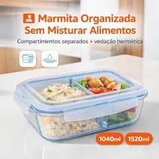 Pote de Vidro Hermético com Divisória 1040ml ou 1520ml Marmita Borossilicato Tampa Vedada