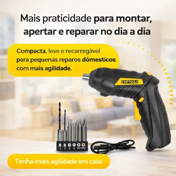 Mini Parafusadeira Recarregável 3,6V com 4 Bits e 2 Brocas Compacta e Prática