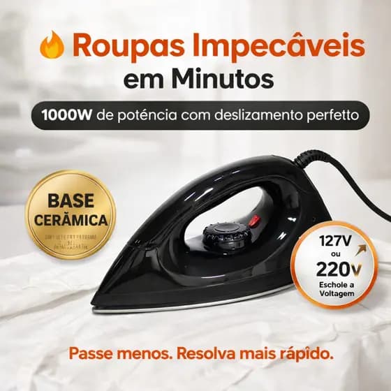 Ferro de Passar A Seco Soft 1000W Base Antiaderente Cerâmica Preto 127V 220V