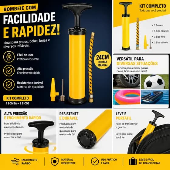 Bomba de Ar Manual 24cm Portátil com Bicos para Bola Futebol Vôlei Basquete Boia Inflador