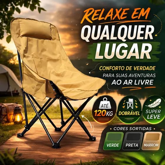 Cadeira Camping Dobrável Reforçada até 120kg em Aço Encosto Alto Portátil Leve Praia Pesca e Trilhas