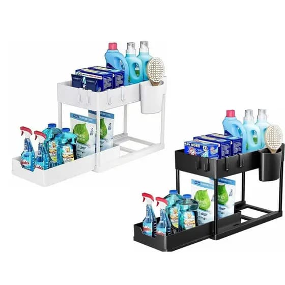 Organizador Multiuso 2 Andares Bandeja Deslizante Metal Banheiro Cozinha Preto Branco