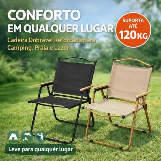Cadeira Camping Dobrável Reforçada até 120kg com Braços de Madeira Portátil para Praia Pesca Jardim