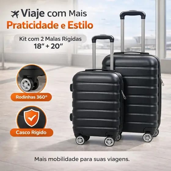 Kit 2 Malas de Viagem Rígidas 18'' e 20'' com Rodinhas 360° Bordo Leve e Resistente