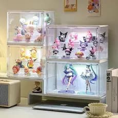 Expositor de acrílico de três níveis com 6 luzes LED e comando de voz, ideal para guardar suas miniaturas de coleção
