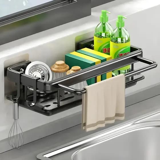 Kit até  Porta Detergente Condimentos Prateleira Suspensa Moderna Rack Suporte cozinha Preto Sem Furo
