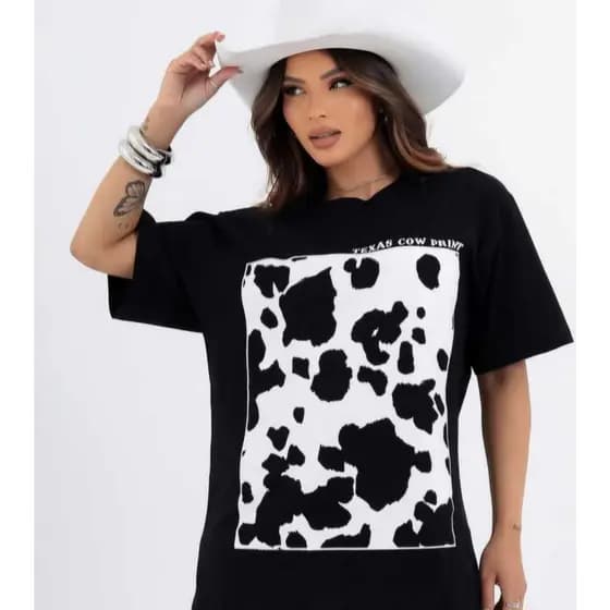 Camiseta Feminina Camisa Vaca Cow Print Vaquinha Texas Country Moda Tendencia Em Alta Algodão