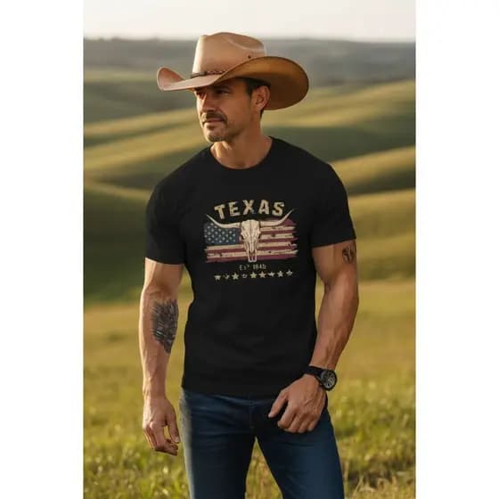 Camiseta Masculina Country Texas 100% Algodão Camiseta Básica Estampada