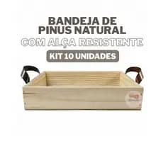 Kit Bandeja de Madeira com Alça 30x20cm Pinus Natural Kit Cafe da Manha Vinhos Bandeja Organizar