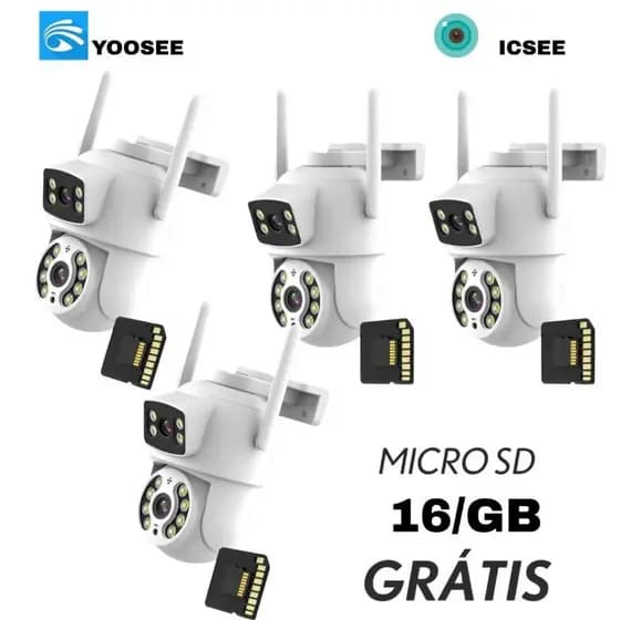 Kit4 Câmera de Segurança Dupla Lente IP66 Wi-Fi 360° Visão Noturna Sensor de Movimento + Cartão MicroSD 16GB