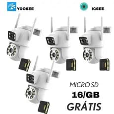 Kit4 Câmera de Segurança Dupla Lente IP66 Wi-Fi 360° Visão Noturna Sensor de Movimento + Cartão MicroSD 16GB