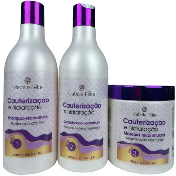 Kit Capilar Cauterização e Hidratação Para Cabelos Fragilizados 3 Passos Cabelo Feito