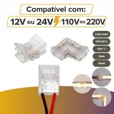 Kit 5pcs ou 10pcs Conector Emenda para Fita LED 8 ou 10mm 12V | Reto, L Fácil Instalação, Sem Solda!