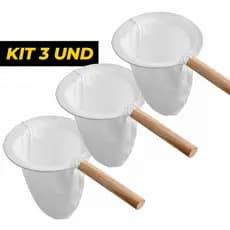 Kit 3 Coador Café Chá Tecido Pano G Algodão C/ Cabo De Madeira Reutilizável Sustentável 14cm