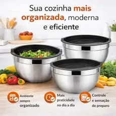 Bowl Inox com Tampa Silicone 3 Peças Vedação Hermética 18 20 22cm Cozinha