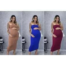 Vestido Midi Gestante Tomara Que Caia Anarruga Canelado Tubinho Justo Confortável