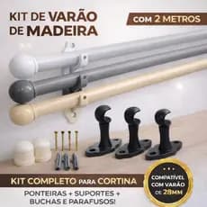 Varão de Madeira Para Cortina Simples 2,00 Metros com Ponteira e Suporte Sala,Cozinha,lavanderia