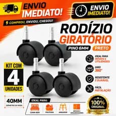 4 Rodinhas Rodízio Giratória 40mm Pino 6mm Preto Cama Box Fruteira Andador Moveis em Geral