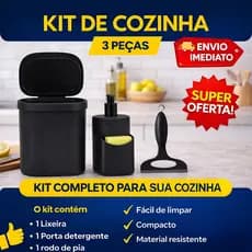 Kit Organização Pia Cozinha Lixeira 3,5 litros Dispenser Detergente  + Rodinho Preto 13cm