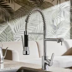 Torneira De Cozinha Gourmet De Alça Dupla MUSE Com Extensor De Spray Pull-Down , Misturador De Água Quente E Fria