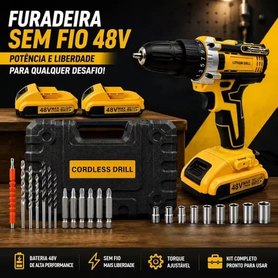 Parafusadeira Furadeira Sem Fio 48V - Carregador Bivolt 110/220V com 2 Baterias e Maleta - Kit Completo