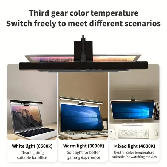 Luminária Tela Notebook Monitor Mesa Barra Luz Regulável Cúpula Preto Estrutura Preto