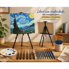 Kit Pintura Completo Cavalete Tripé 1,60m + 10 Pincéis + 7 Espátulas Aço Inox Aquarela Acrílico Óleo Guache